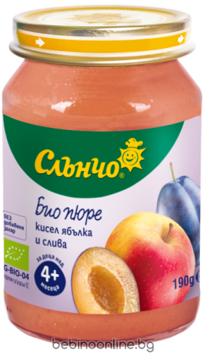 СЛЪНЧО БИО бебешко пюре Кисел ябълка и слива  6м.+,190гр. 4457