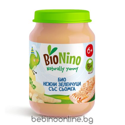 BIO NINO Био бебешко пюре Зеленчуци със сьомга 6м+ ,190г.  2416