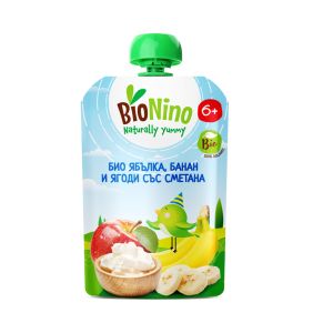 BioNino  БИО  Плодова  закуска ПАУЧ с ябълка, банан и ягоди със сметана 7м+ 100гр.   2539