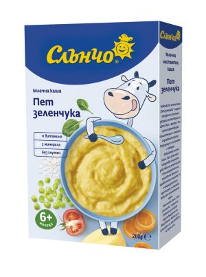 СЛЪНЧО  инстантна МЛЕЧНА Зеленчукова каша с ПЕТ ЗЕЛЕНЧУКА 180г.
