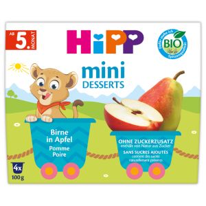 HIPP БИО  бебешко пюре мини -десерт Круша и Ябълка, 4+мес. 4х100гр,  5800