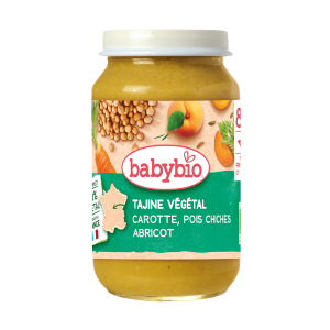 BABYBIO БИО Био бебешко пюре Тажин /глинен гювеч/със зеленчуци, булгур, кайсии ,8+ мес.,200гр. 