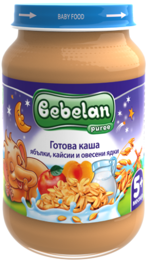 BEBELAN PUREE Млечна  каша ябълки, кайсии и овес. ядки 5+м. 190г.   7004