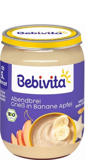 BEBIVITA БИО бебешко пюре Млечна каша "Лека нощ" грис банан и ябълка 190g.  14603