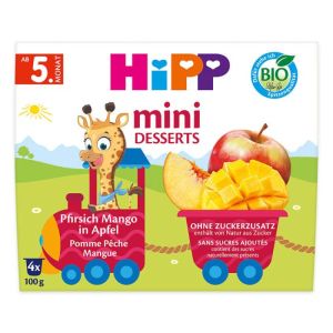 HIPP БИО бебешко пюре мини-десерт Праскова, Манго и Ябълка 5+ мес., 4×100 гр.  5805