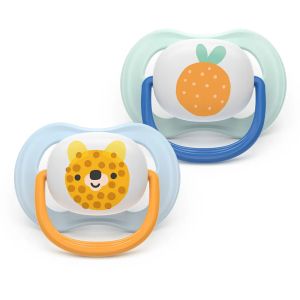 AVENT Ultra Air Happy  ортодонтски силиконови залъгалки , 0-6м, с дизайн мече/портокал, в кутия за стерилизиране 0637.001  