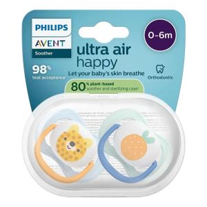 AVENT Ultra Air Happy  ортодонтски силиконови залъгалки , 0-6м, с дизайн мече/портокал, в кутия за стерилизиране 0637.001  