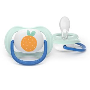 AVENT Ultra Air Happy  ортодонтски силиконови залъгалки , 0-6м, с дизайн мече/портокал, в кутия за стерилизиране 0637.001  