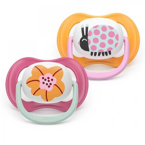 AVENT Ultra Air Happy  ортодонтски силиконови залъгалки ,6-18м, с дизайн калинка/цвете, в кутия за стерилизиране 0640.001