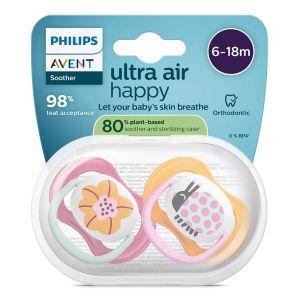 AVENT Ultra Air Happy  ортодонтски силиконови залъгалки ,6-18м, с дизайн калинка/цвете, в кутия за стерилизиране 0640.001