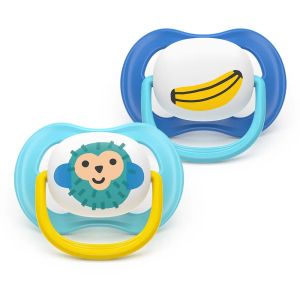AVENT Ultra Air Happy ортодонтски силиконови залъгалки ,6-18м, с дизайн банан/маймунка, в кутия за стерилизиране 0639.001