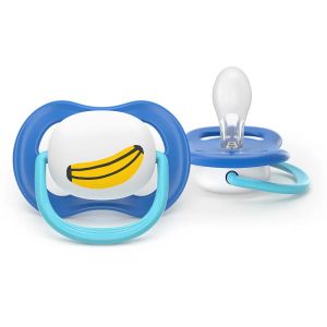 AVENT Ultra Air Happy ортодонтски силиконови залъгалки ,6-18м, с дизайн банан/маймунка, в кутия за стерилизиране 0639.001