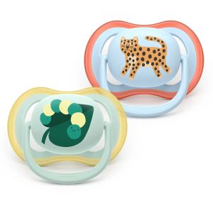 AVENT Ultra Air Happy ортодонтски силиконови залъгалки  0-6м, с дизайн тигър/листо, в кутия за стерилизиране 0642.001