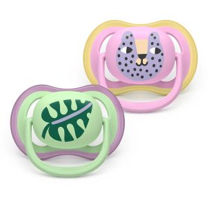 AVENT Ultra Air Happy  ортодонтски силиконови залъгалки ,6-18м, с дизайн коте/листо, в кутия за стерилизиране 0650.001