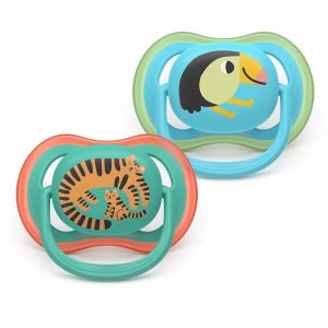 AVENT Ultra Air Happy ортодонтски силиконови залъгалки, 6-18м, с дизайн тигър/тукан, в кутия за стерилизиране 0648.001