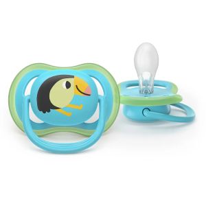 AVENT Ultra Air Happy ортодонтски силиконови залъгалки, 6-18м, с дизайн тигър/тукан, в кутия за стерилизиране 0648.001