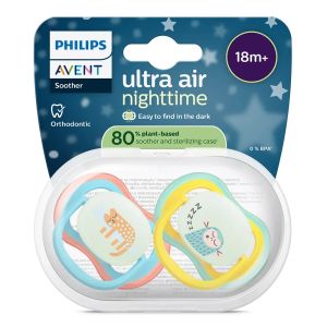 AVENT  Ultra Air NightTime,ортодонтски силиконови залъгалки  18м+, с дизайн маймунка/ленивец , в кутия за стерилизиране 0662.001