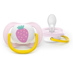 AVENT Ultra Air Happy , ортодонтски силиконови  залъгалки 0-6м, с дизайн папагал/ягода  в кутия за стерилизиране 0638.001