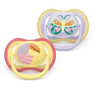 AVENT Ultra Air   ортодонтски силиконови залъгалки , 0–6 м., 2 бр., дизайн папагал/пеперуда, в кутия за стерилизиране 0644.001