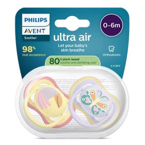 AVENT Ultra Air   ортодонтски силиконови залъгалки , 0–6 м., 2 бр., дизайн папагал/пеперуда, в кутия за стерилизиране 0644.001
