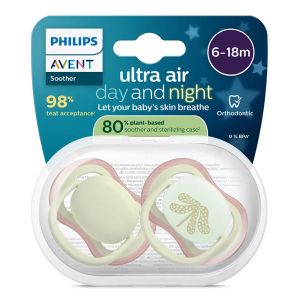 AVENT Ultra Air NightTime,ортодонтски силиконови залъгалки 6-18м.,пастелни цветове, унисекс, в кутия за стерилизиране 0652.001 