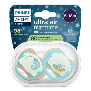 Philips AVENT ортодонтски светещи  силиконови залъгалки Ultra Air , 6-18м, с картинки, в кутия за стерилизиране 0659.001
