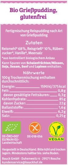 BAUCK HOF Био пудинг оризов грис без глутен 130гр.  201924