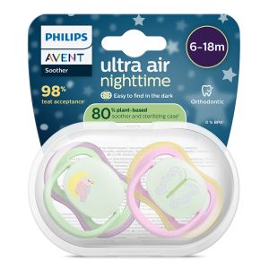Philips AVENT ортодонтски светещи силиконови залъгалки Ultra Air , 6-18м, с картинки, в кутия за стерилизиране 0660.001