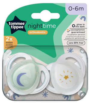 TOMMEE TIPPEE Ортодонтични залъгалки  Night Time, 0-6 м, 2 броя, звезда/луна 0248