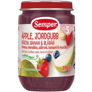 SEMPER  бебешко пюре Ягода , ябълка, круша, банан и боровинка, 100% плод, 5м, 190 гр. 9834