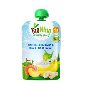 BIO NINO БИО плодова закуска ПАУЧ с овесена каша, праскова и банан 4 +мес. 90гр. 2577