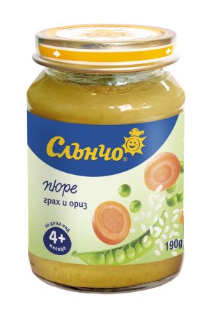 СЛЪНЧО бебешко  зеленчуково пюре грах и ориз 4м.+  190гр.  2699