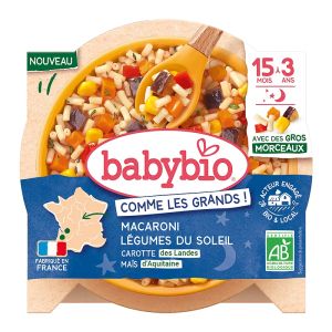 BABYBIO БИО  Меню "Лека нощ" - Макарони, Зеленчуци, Моркови (15+ месеца) – купичка 200г.
