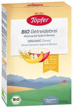 TOPFER БИО БЕЗМЛЕЧНА инст. каша Пшеничен грис, Ябълка, Банан  6+мес.  175гр.
