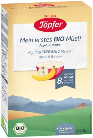  TOPFER БИО БЕЗМЛЕЧНА инст.каша Моето първо мюсли с ябълки и банан 6+мес.200гр.