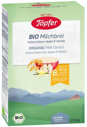 TOPFER БИО МЛЕЧНА инст.каша пълнозърнест Овес, Ябълка и Ванилия  6+мес.  200гр.