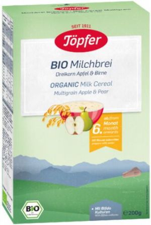 TOPFER БИО МЛЕЧНА инст.каша 3 вида зърна, Ябълка, Круша 6+мес.  200гр