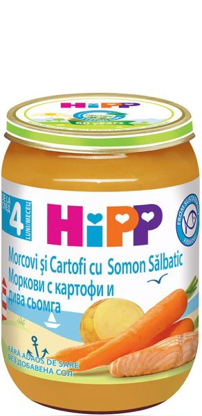 HIPP БИО Бебешко пюре Сьомга с ранни моркови и картофи 4+ мес. 190 гр.    6105