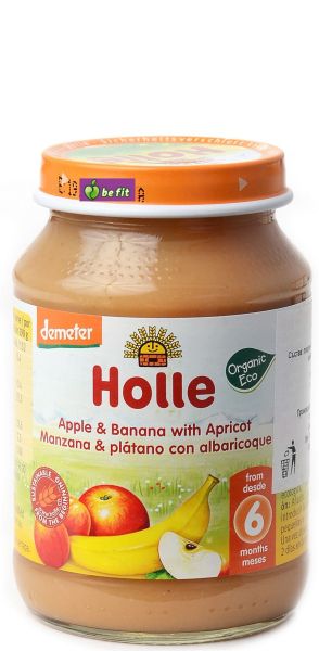 HOLLE БИО бебешко плодово пюре от ябълки, банани и кайсии 6м.+ 190 гр.   0801