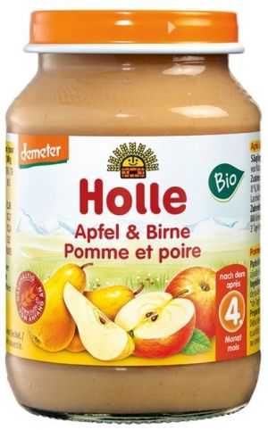 HOLLE БИО Бебешко плодово пюре ябълка и круша 4м+. 190 гр.   0849
