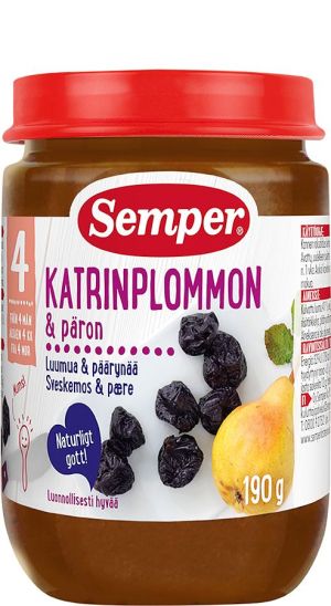 SEMPER Бебешко плодово пюре  Сини сливи и Круши 4+ мес. 190 гр. 9536