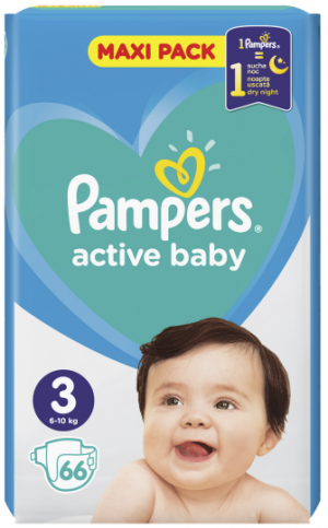Pampers Active baby -Еднократни пелени, Размер 3 (6-10кг.), 66 бр. /пак.