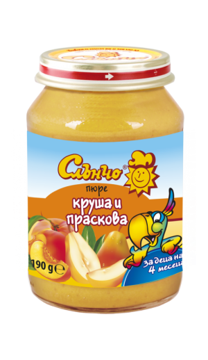 СЛЪНЧО  бебешко плодово  пюре круша и праскова 4м.+,190гр.    2750