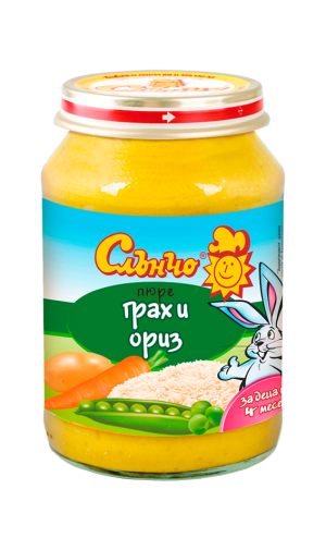 СЛЪНЧО бебешко  зеленчуково пюре грах и ориз 4м.+  190гр.  2699
