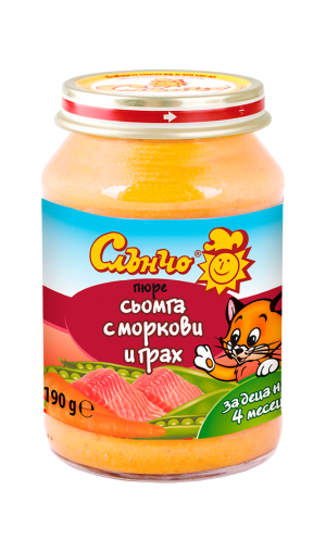 СЛЪНЧО бебешко пюре  Сьомга с моркови и грах 6м.+.190гр. 2606