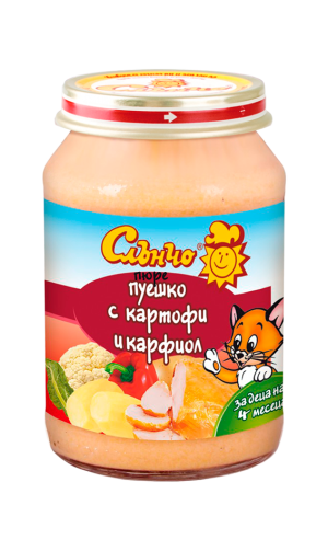 СЛЪНЧО бебешко пюре пуешко с картофи и карфиол  6м.+,190гр. 2569