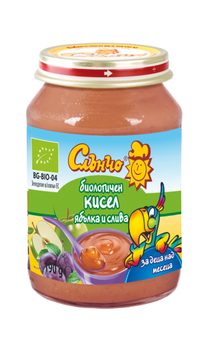СЛЪНЧО БИО бебешко пюре Кисел ябълка и слива  6м.+,190гр. 4457