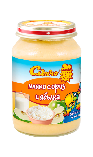 СЛЪНЧО  бебешко пюре готова каша Мляко с ориз и ябълка 4м.+, 190гр. 2439