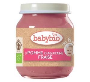 BABYBIO БИО  бебешко плодово пюре с Ябълка, Ягода и Боровинка  4+мес.130гр.