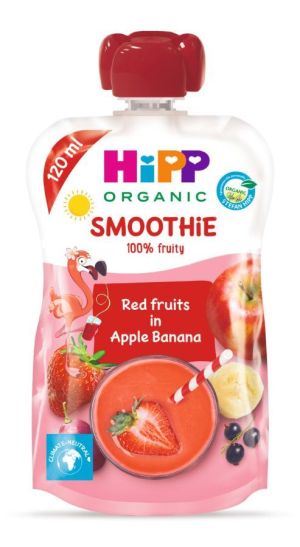 HIPP БИО  Плодова закуска SMOOTHIE ПАУЧ  ябълка, банан и червени плодове 12м.+ 120 гр.  84000